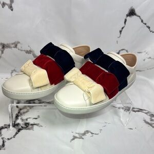 Gucci Ace Bow Leather Sneakers Velvet Slip On Cream Gold Bee Closed Heel or Mule
